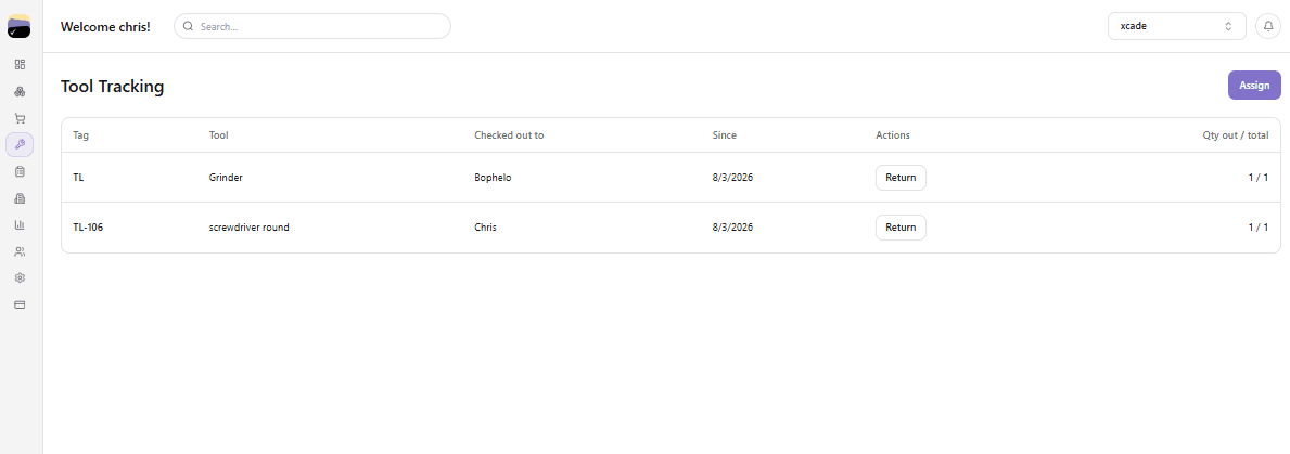 MyVentry tool tracking list showing each tool, who it is checked out to, the date since, and a return action