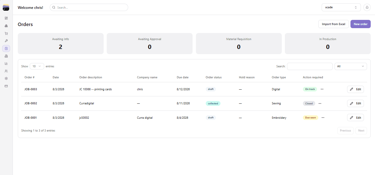 MyVentry orders list showing order numbers, due dates, order status and action-required badges