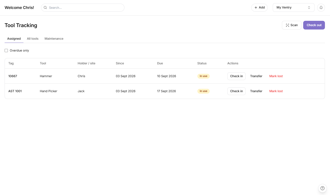 MyVentry tool tracking showing assigned tools and return dates